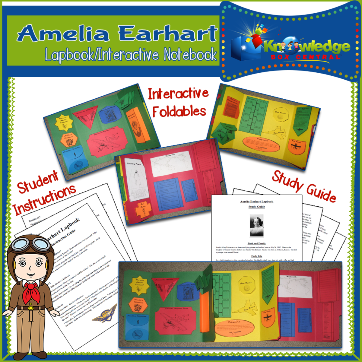 An educational teaching resource from Knowledge Box Central entitled Amelia Earhart Lapbook / Interactive Notebook - EBOOK downloadable at Teach Simple.