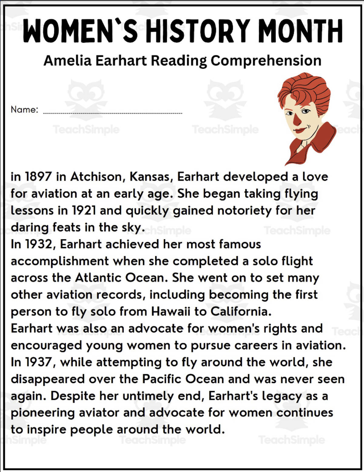 An educational teaching resource from Style Your Classroom entitled Amelia Earhart: Trailblazing Women's History Month Comprehension downloadable at Teach Simple.