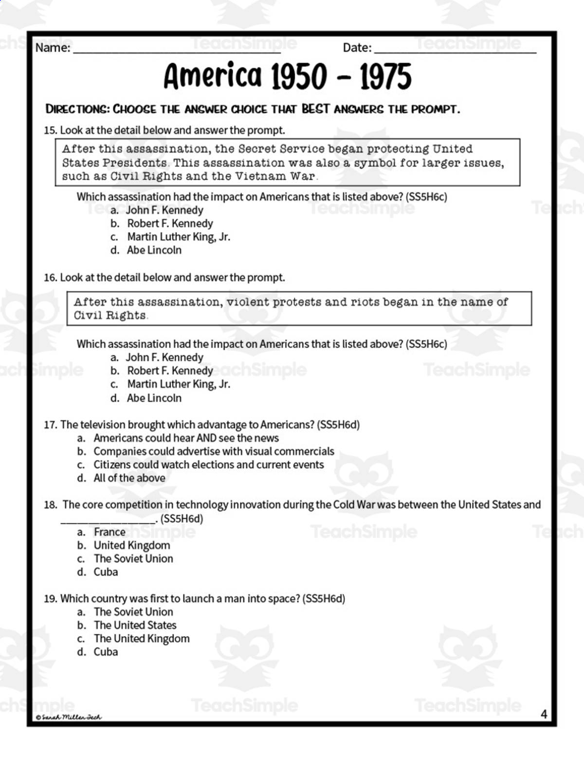 An educational teaching resource from Sarah Miller Tech entitled America 1950-1975 Assessment Study Guide downloadable at Teach Simple.
