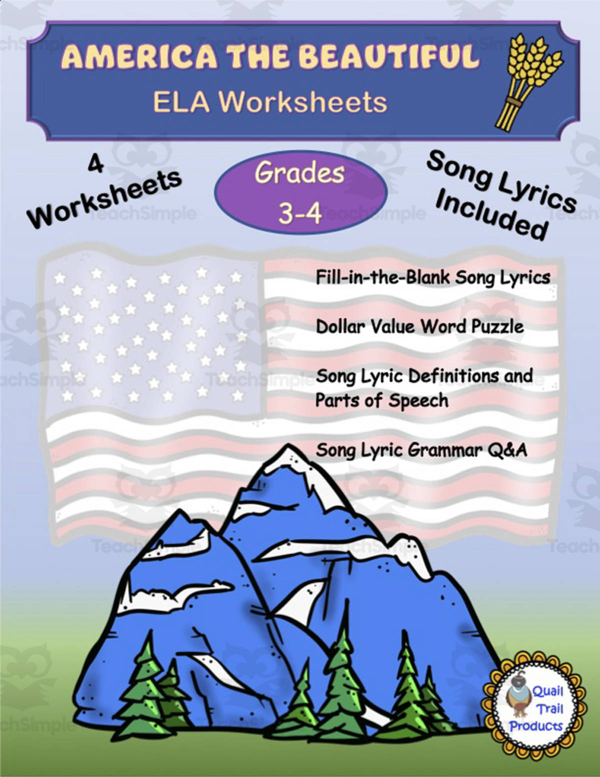 An educational teaching resource from Quail Trail Products entitled America the Beautiful ELA Worksheets downloadable at Teach Simple.