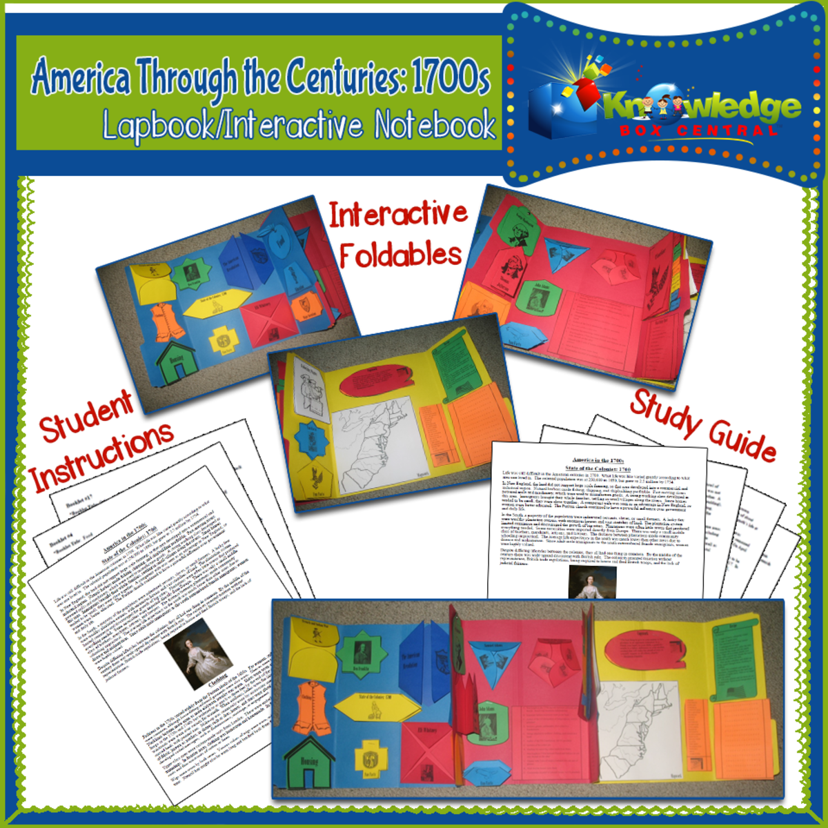An educational teaching resource from Knowledge Box Central entitled America Through the Centuries: 1700s Lapbook / Interactive Notebook - EBOOK downloadable at Teach Simple.