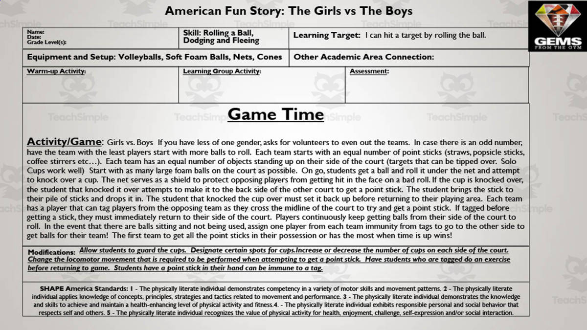 An educational teaching resource from Gems from the Gym entitled American Fun Story: The Girls vs. The Boys PE Game downloadable at Teach Simple.