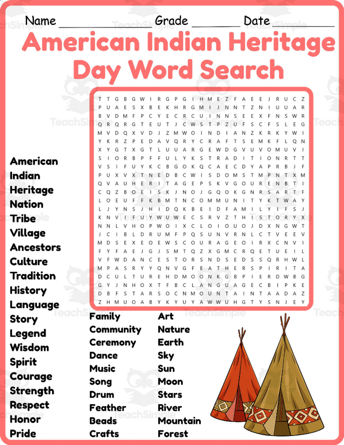 An educational teaching resource from Classsimple entitled American Indian Heritage Day Word Search 2rd 3th 4th 5th Grade downloadable at Teach Simple.