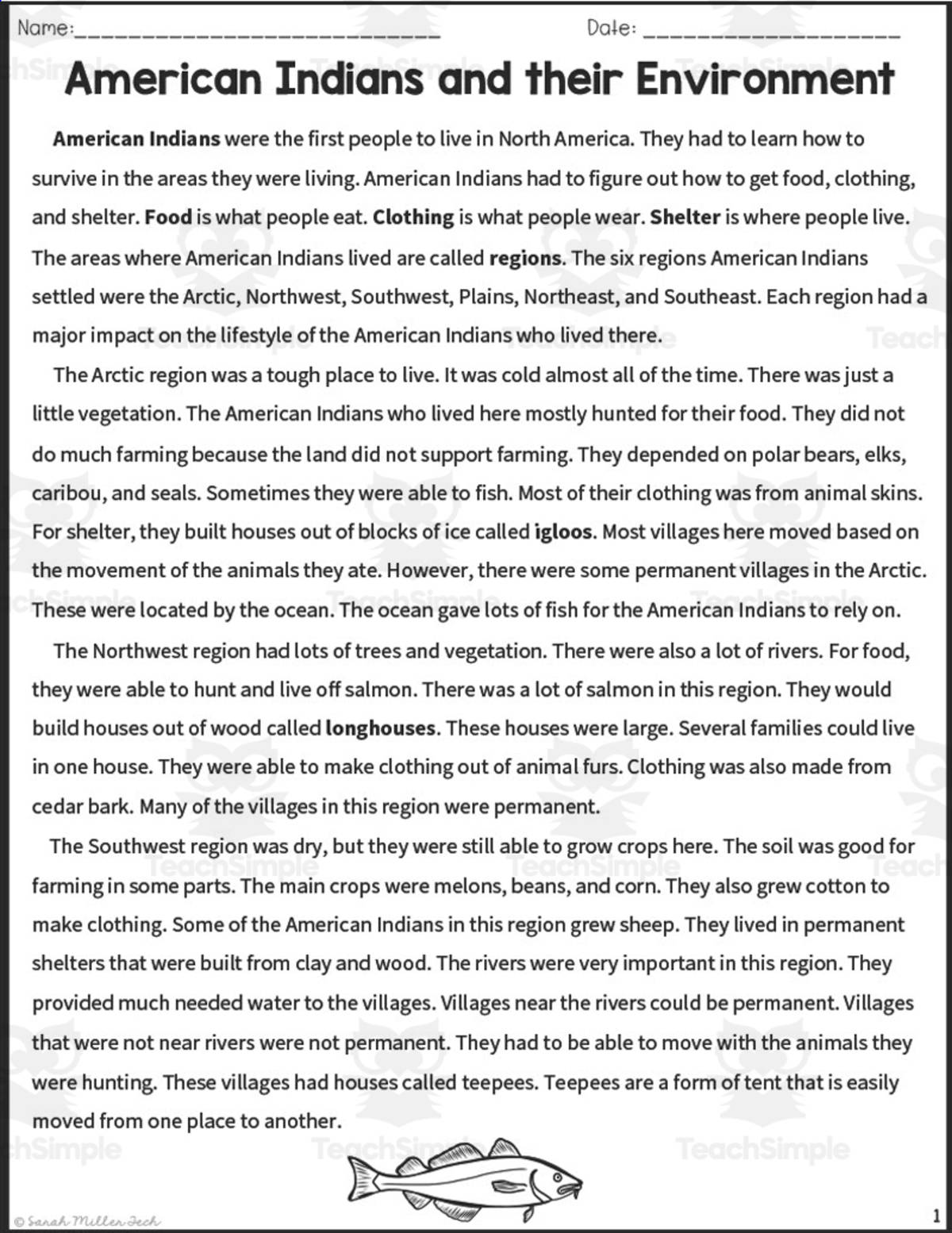 An educational teaching resource from Sarah Miller Tech entitled American Indians and their Environment Reading Packet downloadable at Teach Simple.