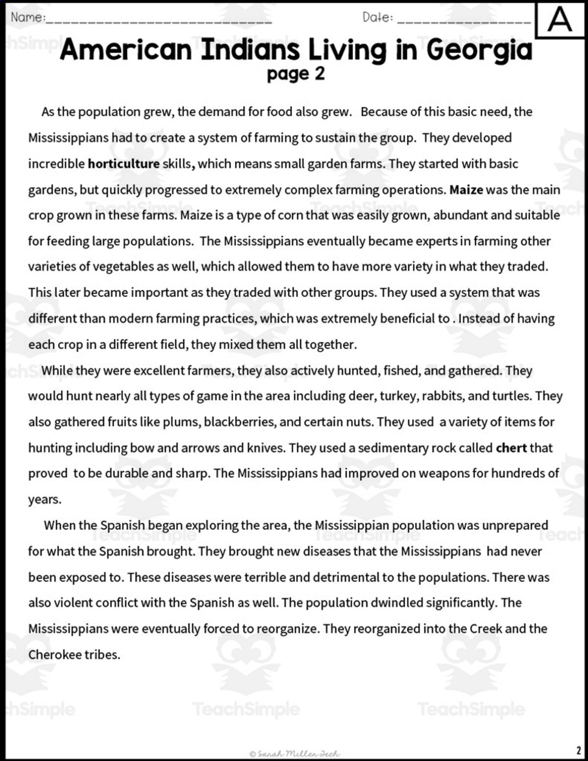 An educational teaching resource from Sarah Miller Tech entitled American Indians in Georgia Reading Packet downloadable at Teach Simple.