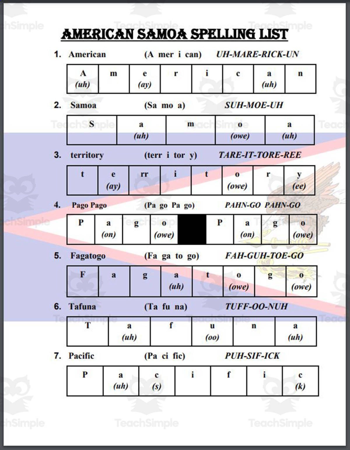 An educational teaching resource from Mr. Matthews Teacher Store entitled American Samoa Spelling List downloadable at Teach Simple.