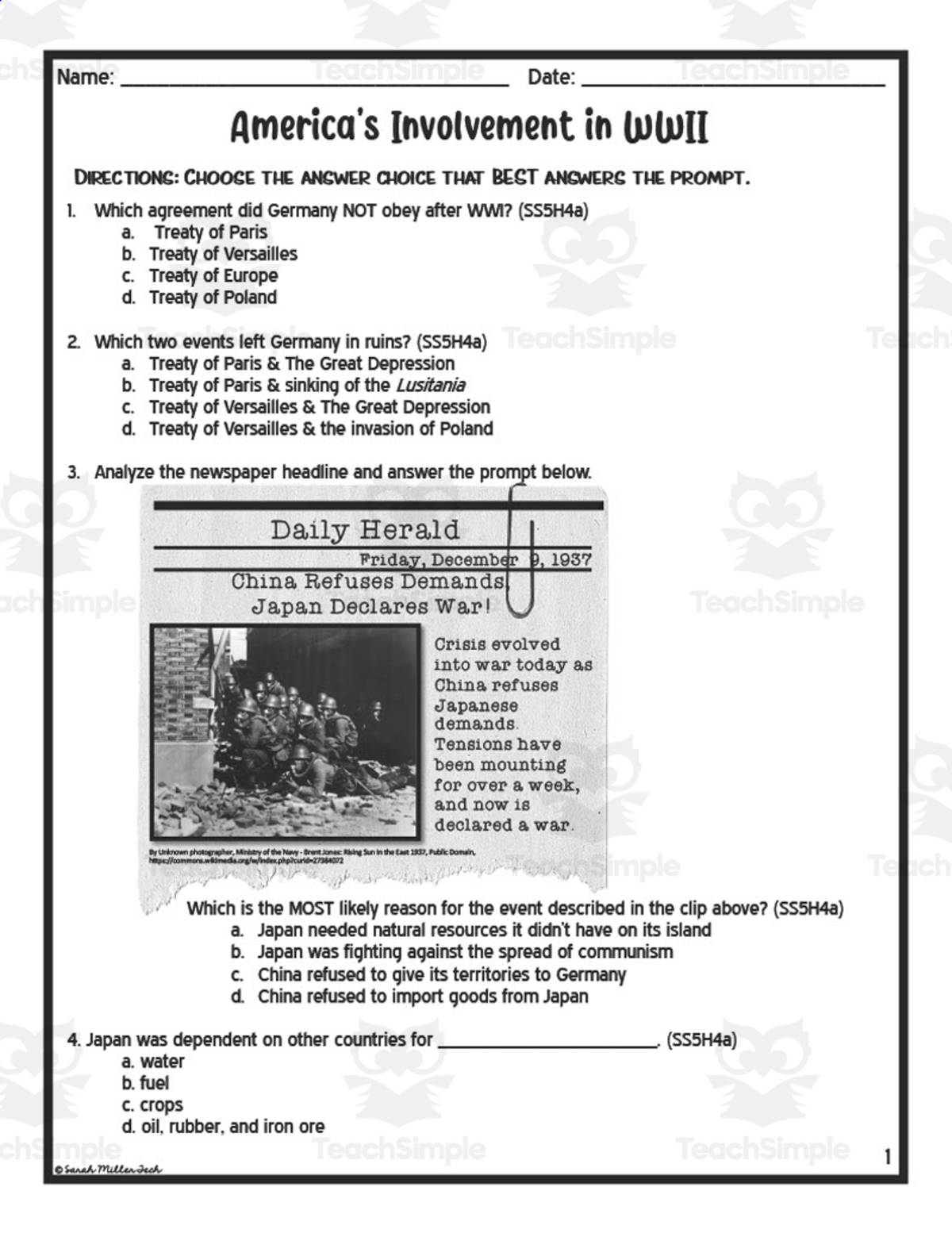 An educational teaching resource from Sarah Miller Tech entitled America's Involvement in World War II Assessment Study Guide downloadable at Teach Simple.