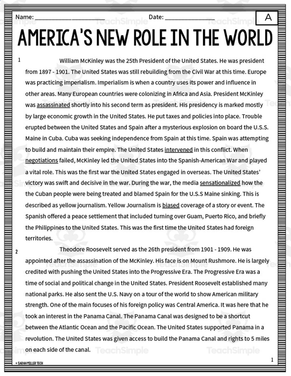 An educational teaching resource from Sarah Miller Tech entitled America's New Role in the World Reading Packet downloadable at Teach Simple.