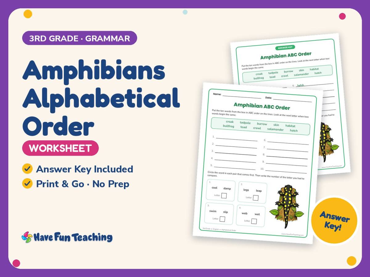 Amphibians Alphabetical Order Worksheet – 3rd Grade Animals Practice preview