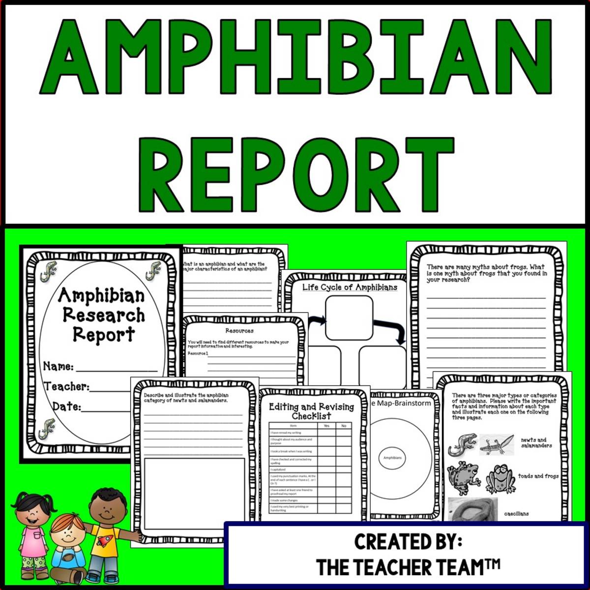An educational teaching resource from The Teacher Team entitled Amphibians | Amphibian Research Report downloadable at Teach Simple.