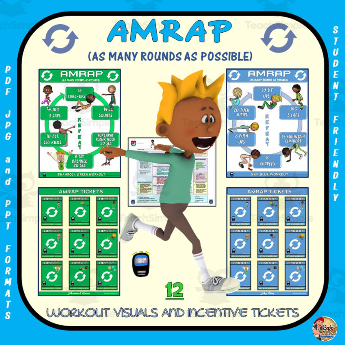 An educational teaching resource from Cap'n Pete's Power PE entitled AMRAP PE Activity: As Many Rounds As Possible downloadable at Teach Simple.