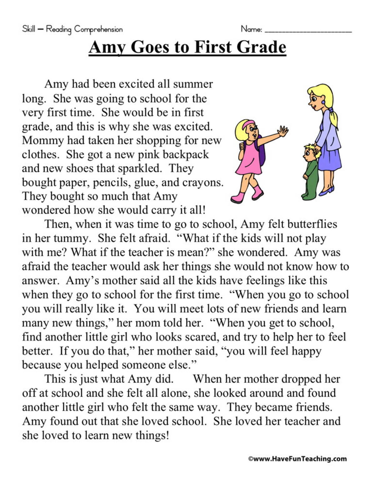 An educational teaching resource from Have Fun Teaching entitled Amy Goes to First Grade Reading Comprehension Worksheet downloadable at Teach Simple.