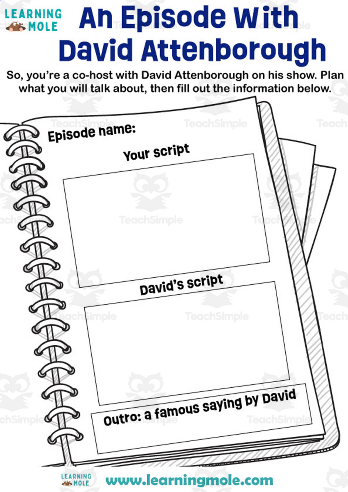 An educational teaching resource from Educational Voice entitled An Episode With David Attenborough Activity downloadable at Teach Simple.