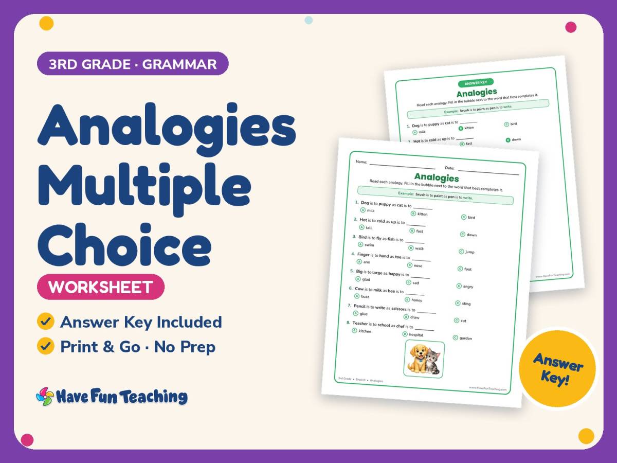 Analogies Multiple Choice Worksheet – 3rd Grade Grammar Practice preview