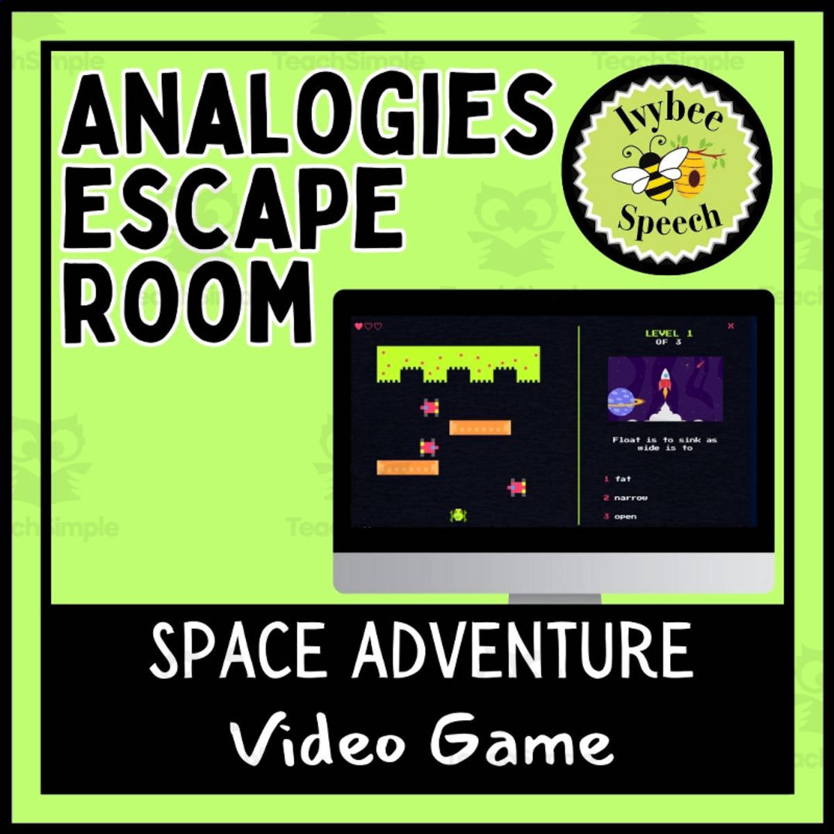 An educational teaching resource from Ivybee Speech entitled Analogies Space Adventure Digital Escape Game downloadable at Teach Simple.