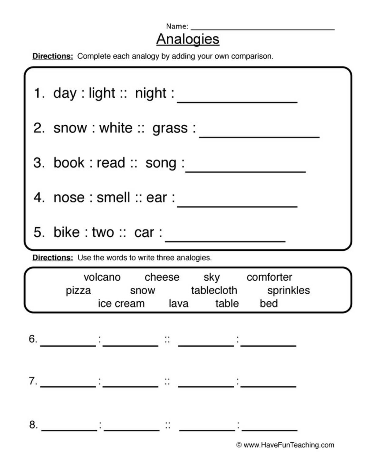 An educational teaching resource from Have Fun Teaching entitled Analogies Word Bank Worksheet downloadable at Teach Simple.