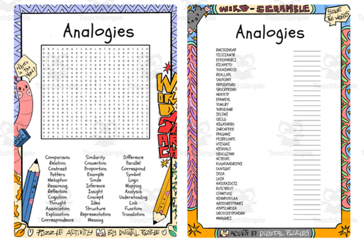 An educational teaching resource from Lapiiin Art Activities entitled Analogies word search and word scramble downloadable at Teach Simple.