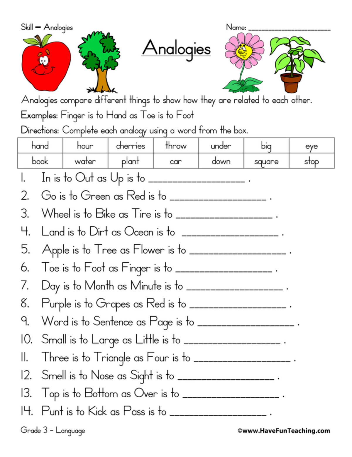 An educational teaching resource from Have Fun Teaching entitled Analogy Fill in the Blanks Worksheet downloadable at Teach Simple.