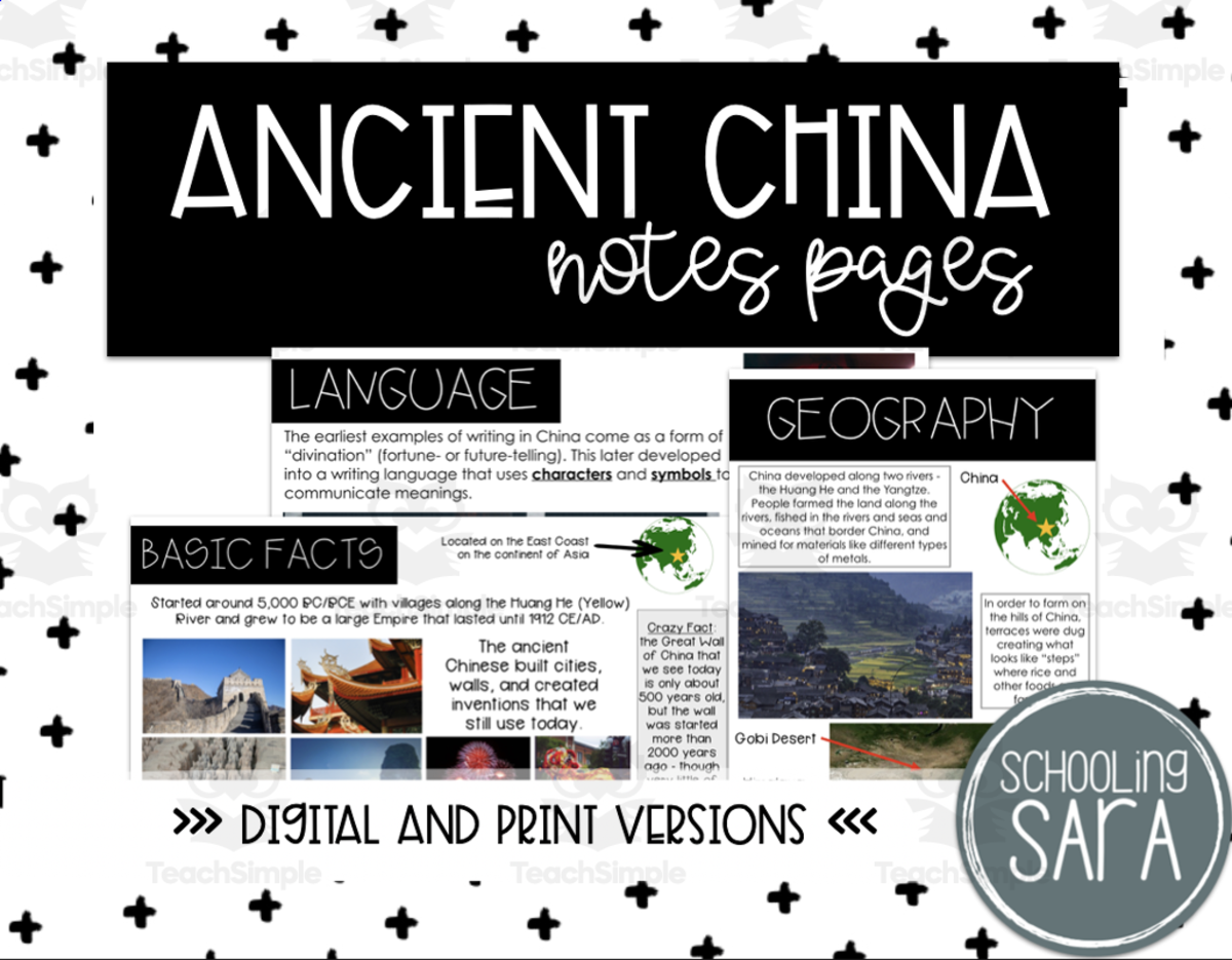 An educational teaching resource from SchoolingSara entitled Ancient China Social Studies Notes (Aligned to 3rd Grade VA SOLs) downloadable at Teach Simple.