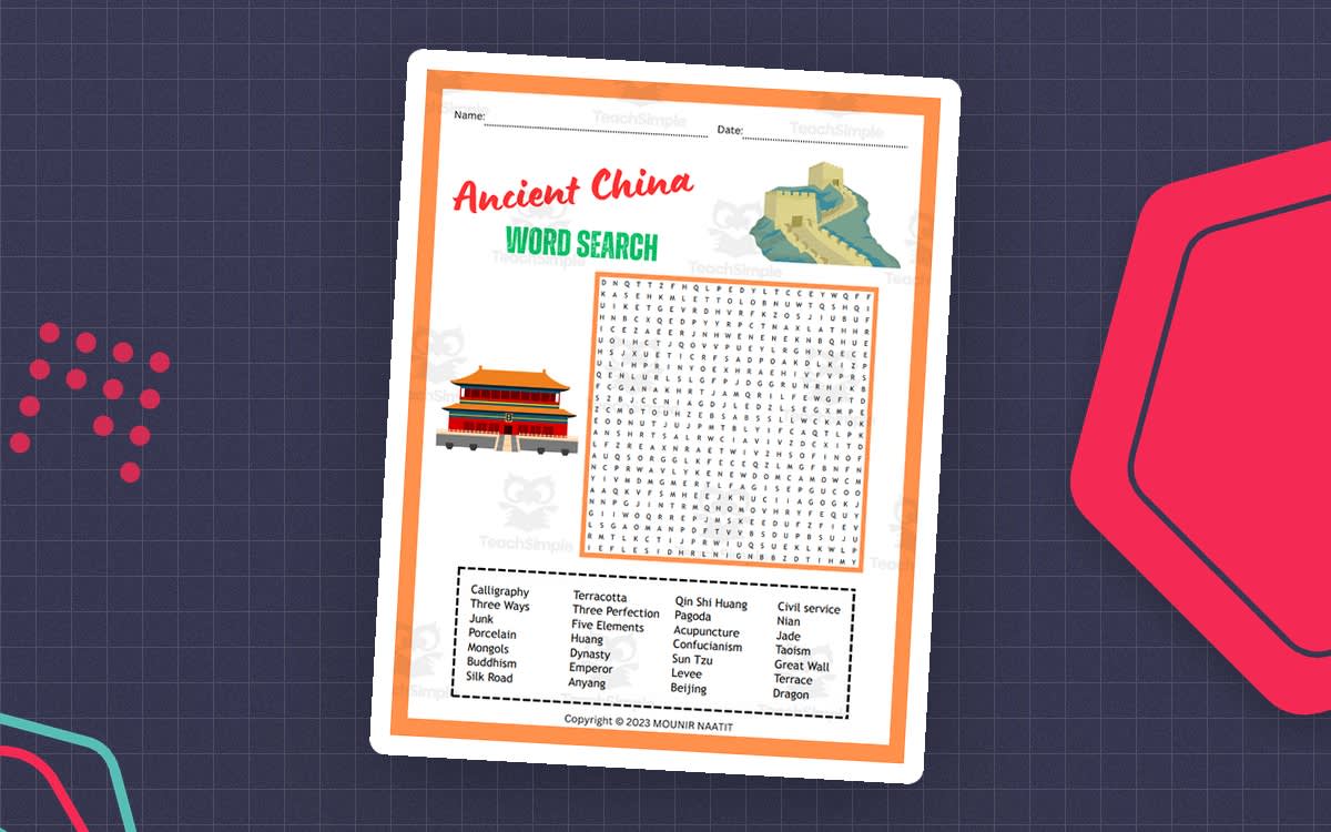 An educational teaching resource from DIGITAL SCHOOL OF LIFE entitled Ancient China Word Search – 28-Word Puzzle downloadable at Teach Simple.