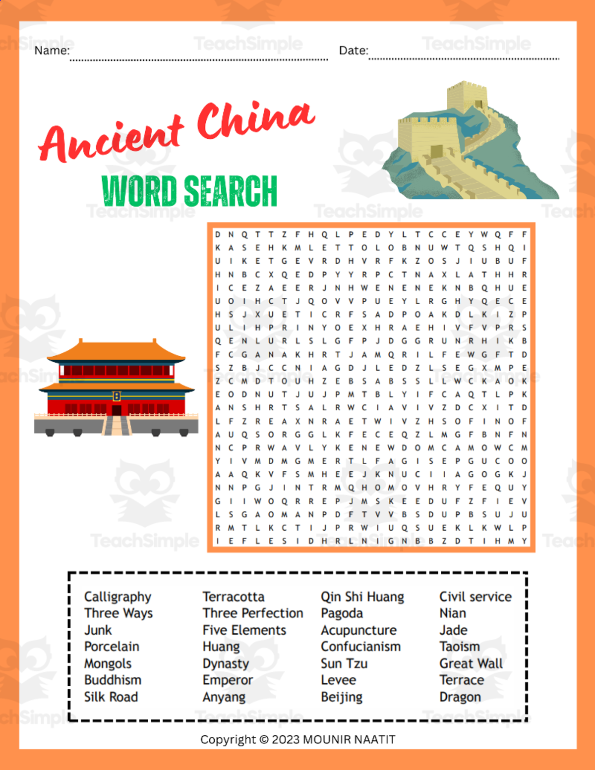 An educational teaching resource from DIGITAL SCHOOL OF LIFE entitled Ancient China Word Search – 28-Word Puzzle downloadable at Teach Simple.