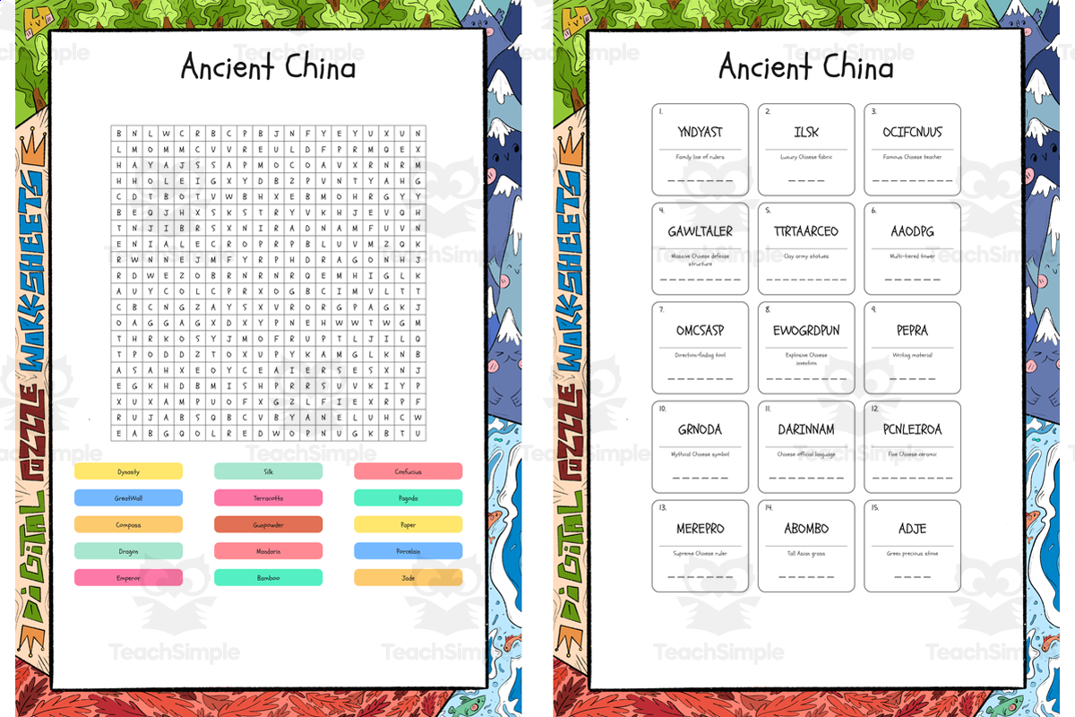 An educational teaching resource from Lapiiin Art Activities entitled Ancient China word search, scramble and crossword puzzle downloadable at Teach Simple.