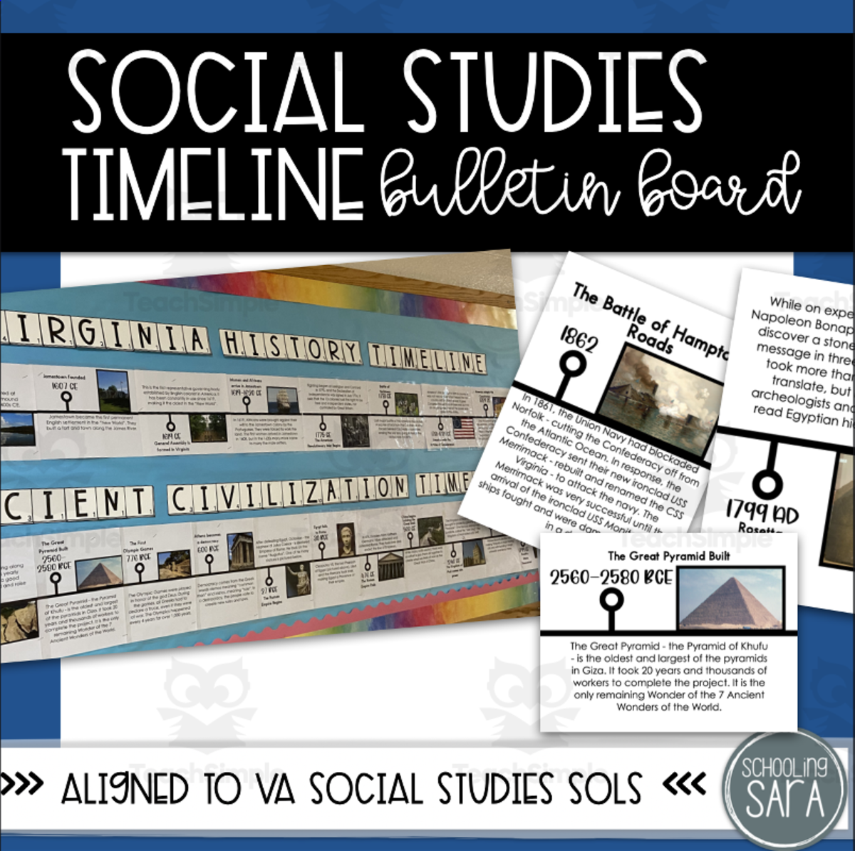 An educational teaching resource from SchoolingSara entitled Ancient Civilizations and Virginia Studies Timeline Display or Bulletin Board (VA SOL) downloadable at Teach Simple.