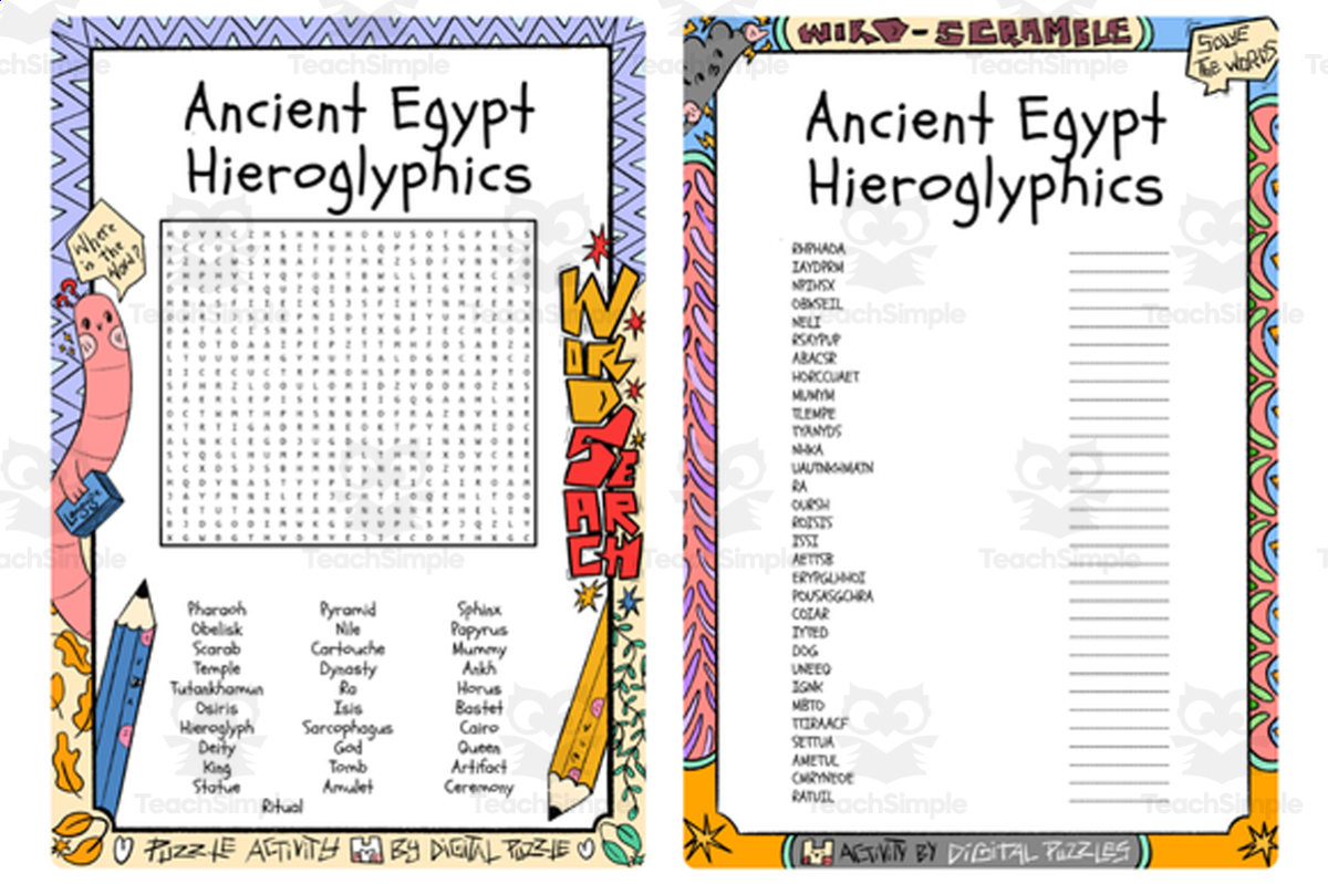 An educational teaching resource from Lapiiin Art Activities entitled Ancient Egypt Hieroglyphics word search and word scramble downloadable at Teach Simple.