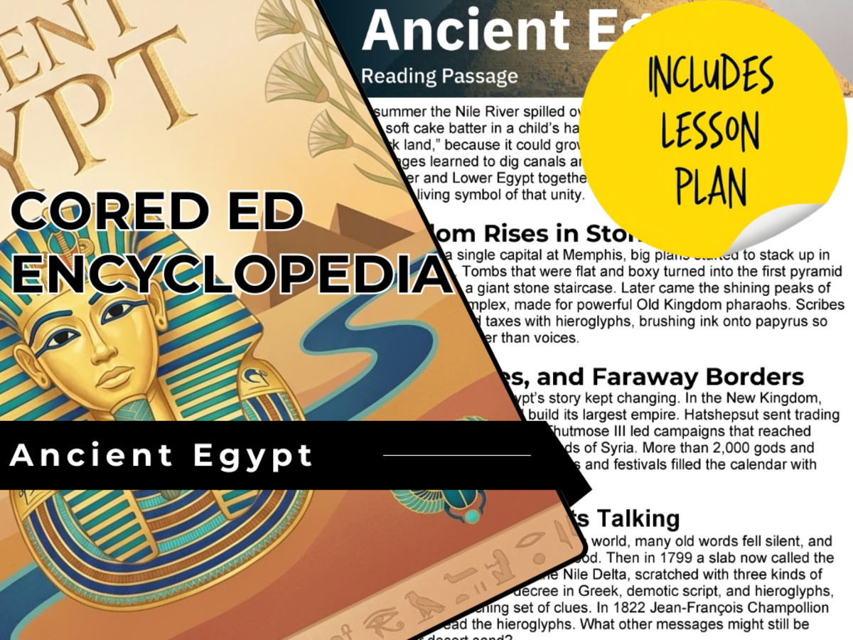 An educational teaching resource from Cored Education entitled Ancient Egypt Reading Comprehension Passage - Cored Ed Encyclopedia downloadable at Teach Simple.