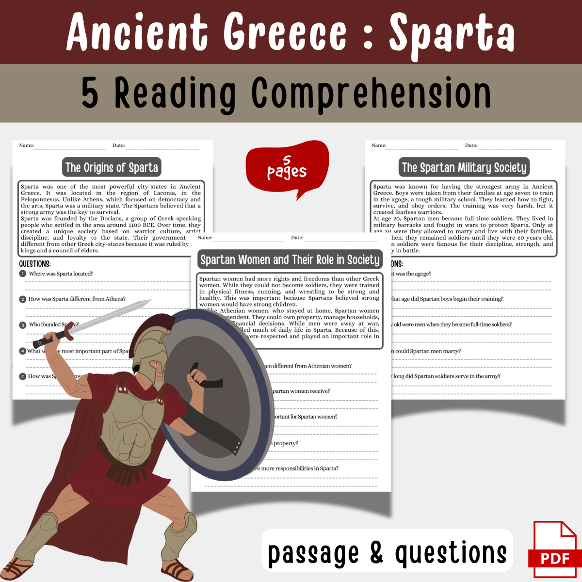 An educational teaching resource from Sadigitalart entitled Ancient Greece : Sparta Reading Comprehension & Question Worksheet Gre downloadable at Teach Simple.