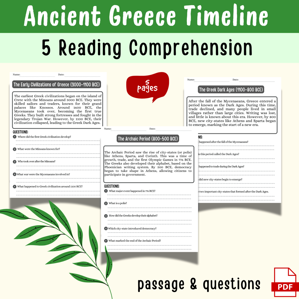 An educational teaching resource from Sadigitalart entitled Ancient Greece Timeline Reading Comprehension & Question Worksheet Gre downloadable at Teach Simple.