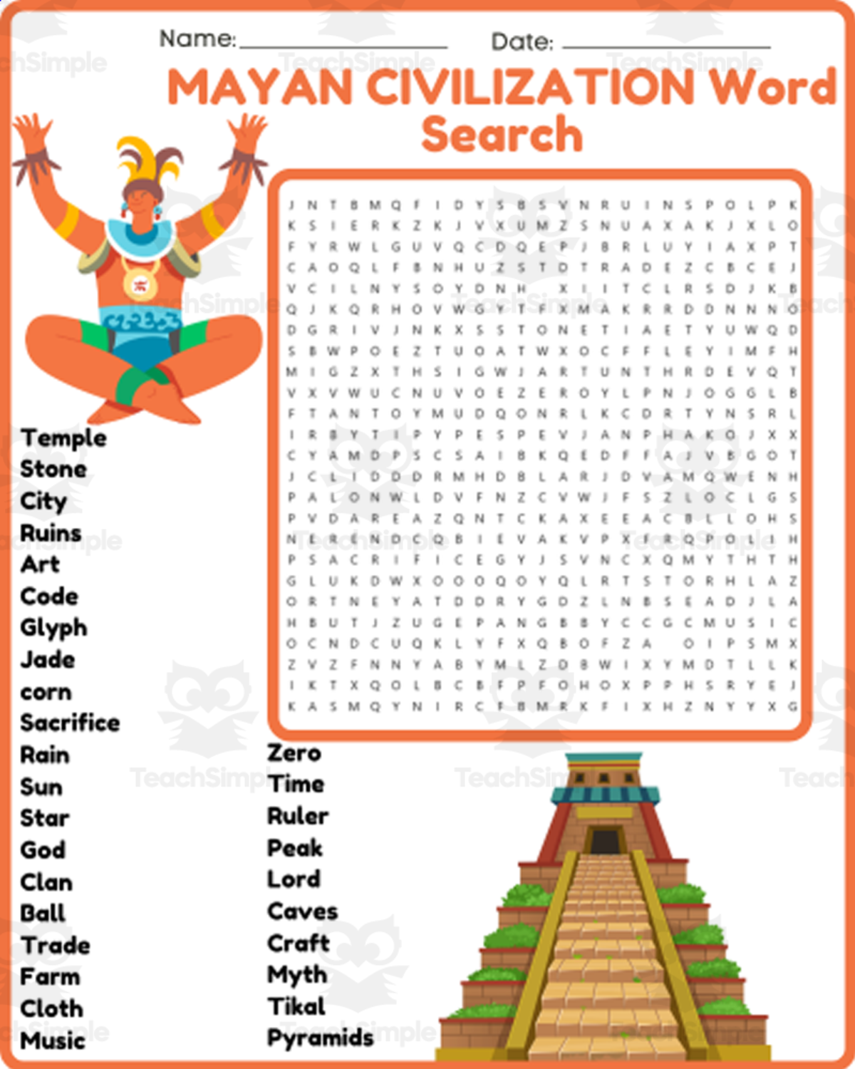 An educational teaching resource from space shope entitled ANCIENT MAYAN CIVILIZATION Word Search Puzzle Worksheet Activity downloadable at Teach Simple.