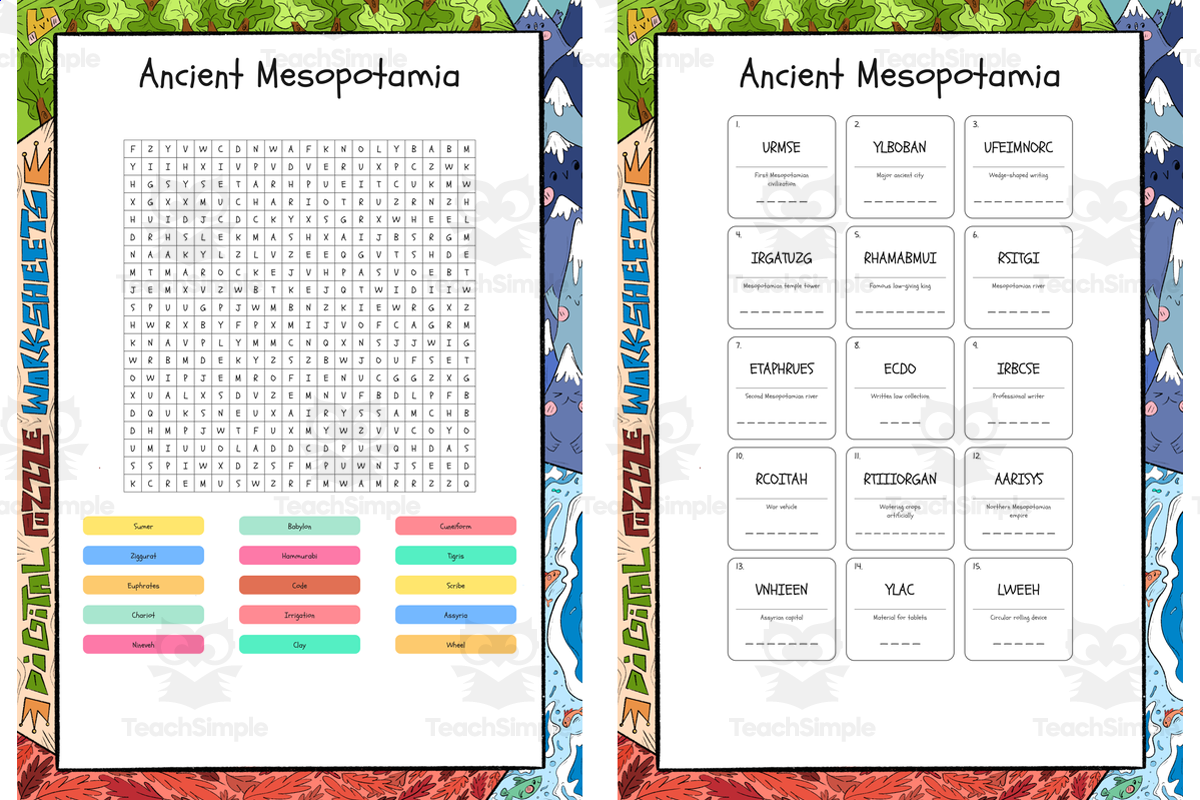An educational teaching resource from Lapiiin Art Activities entitled Ancient Mesopotamia word search, scramble and crossword puzzle downloadable at Teach Simple.