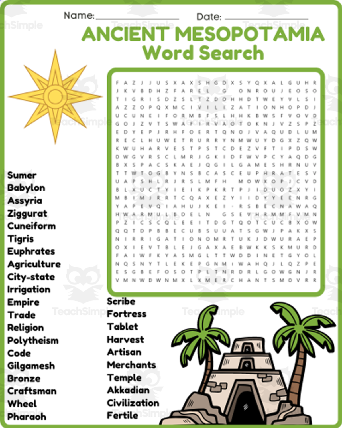 An educational teaching resource from space shope entitled ANCIENT MESOPOTAMIA Word Search Worksheet Activity downloadable at Teach Simple.
