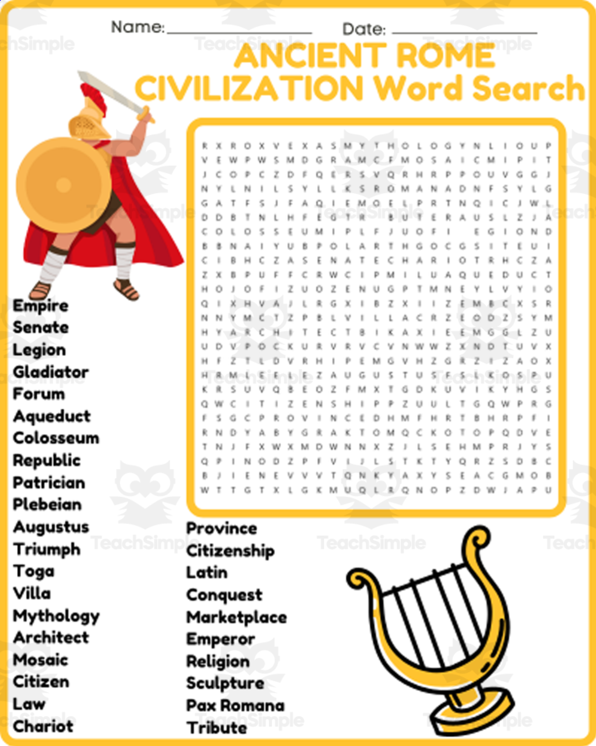 An educational teaching resource from space shope entitled ANCIENT ROME CIVILIZATION Word Search Puzzle Worksheet Activity downloadable at Teach Simple.
