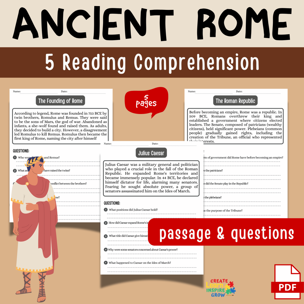An educational teaching resource from Sadigitalart entitled Ancient Rome Reading Passages Comprehension Questions | Civilizations downloadable at Teach Simple.