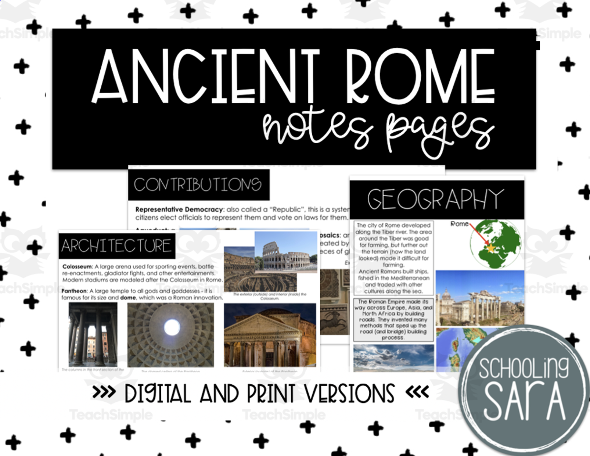 An educational teaching resource from SchoolingSara entitled Ancient Rome Social Studies Notes (Aligned to 3rd Grade VA SOLs) downloadable at Teach Simple.