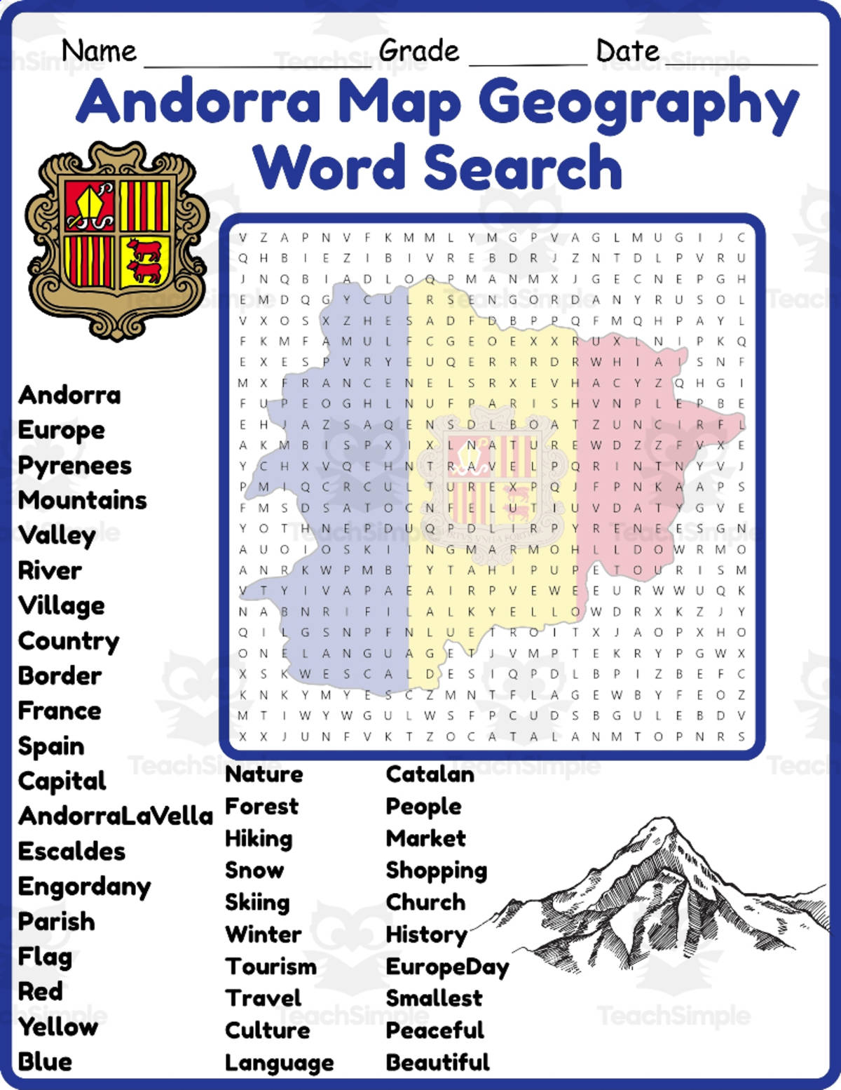 An educational teaching resource from Classsimple entitled Andorra Map Geography Word Search 2rd 3th 4th 5th Grade worksheet downloadable at Teach Simple.