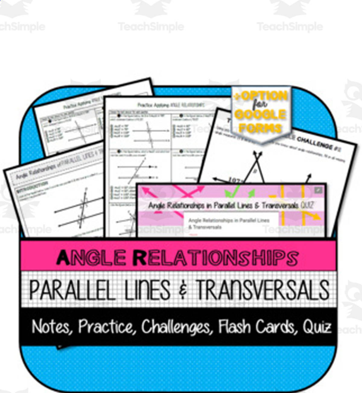 An educational teaching resource from The Math Cafe entitled Angle Relationships in Parallel Lines NOTES, PRACTICE, QUIZ downloadable at Teach Simple.