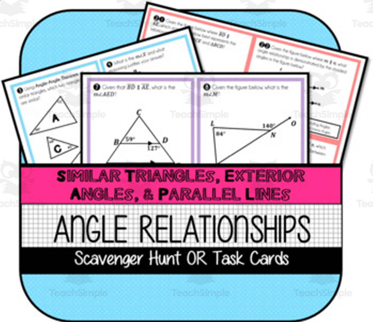 An educational teaching resource from The Math Cafe entitled Angle Relationships in Sim. Triangles, Ext. Angles, & Parallel Lines TASK CARDS downloadable at Teach Simple.