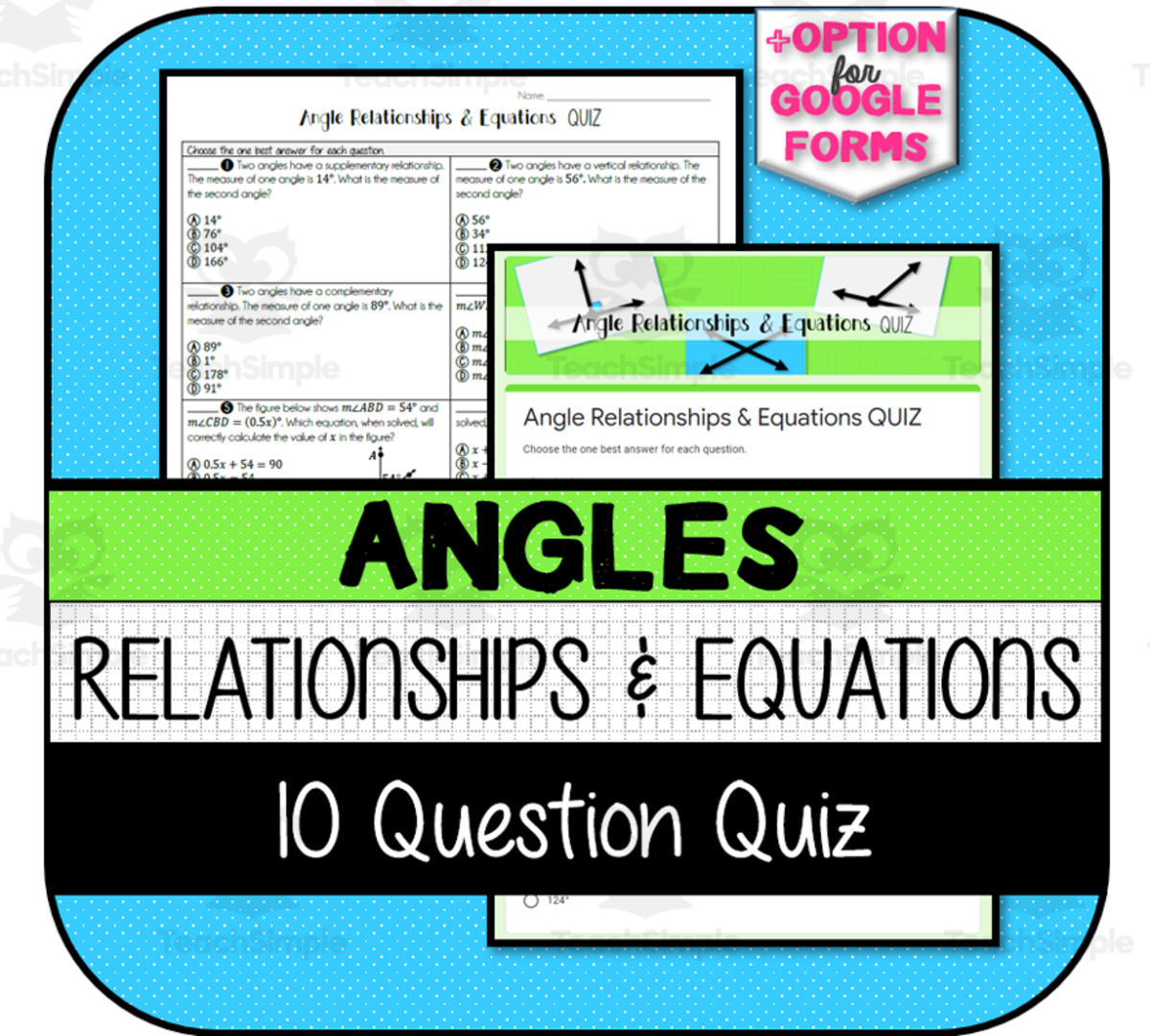 An educational teaching resource from The Math Cafe entitled Angle Relationships QUIZ downloadable at Teach Simple.