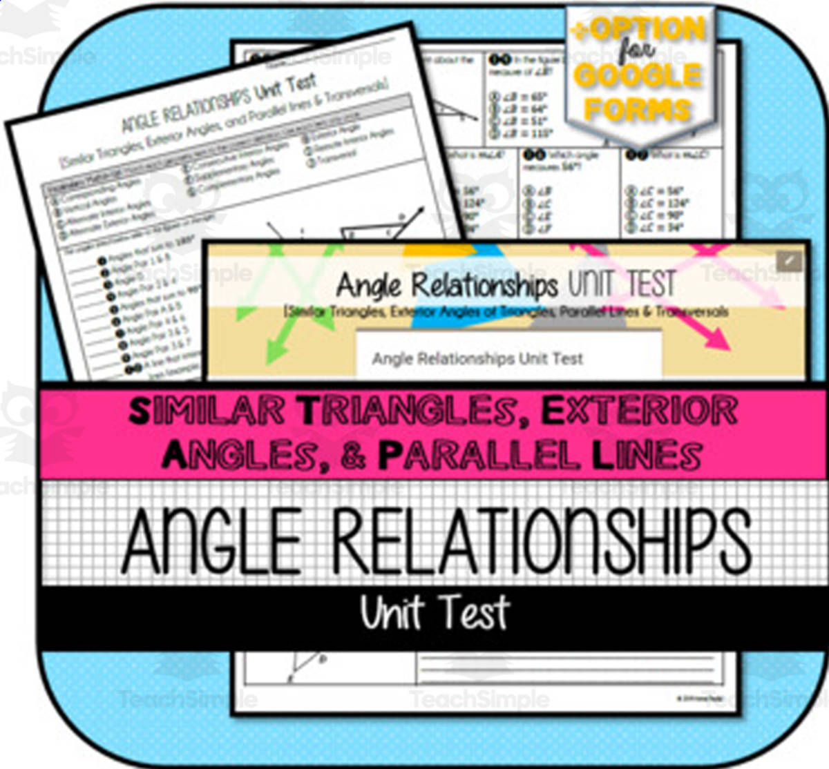 An educational teaching resource from The Math Cafe entitled Angle Relationships Sim. Triangles, Exterior Angles, & Parallel Lines UNIT TEST downloadable at Teach Simple.