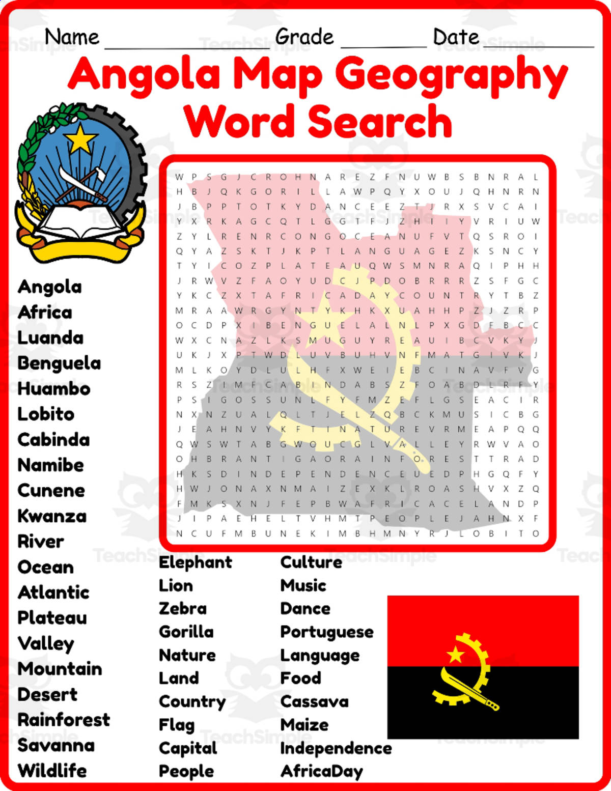 An educational teaching resource from Classsimple entitled Angola Map Geography Word Search 2rd 3th 4th 5th Grade worksheet downloadable at Teach Simple.