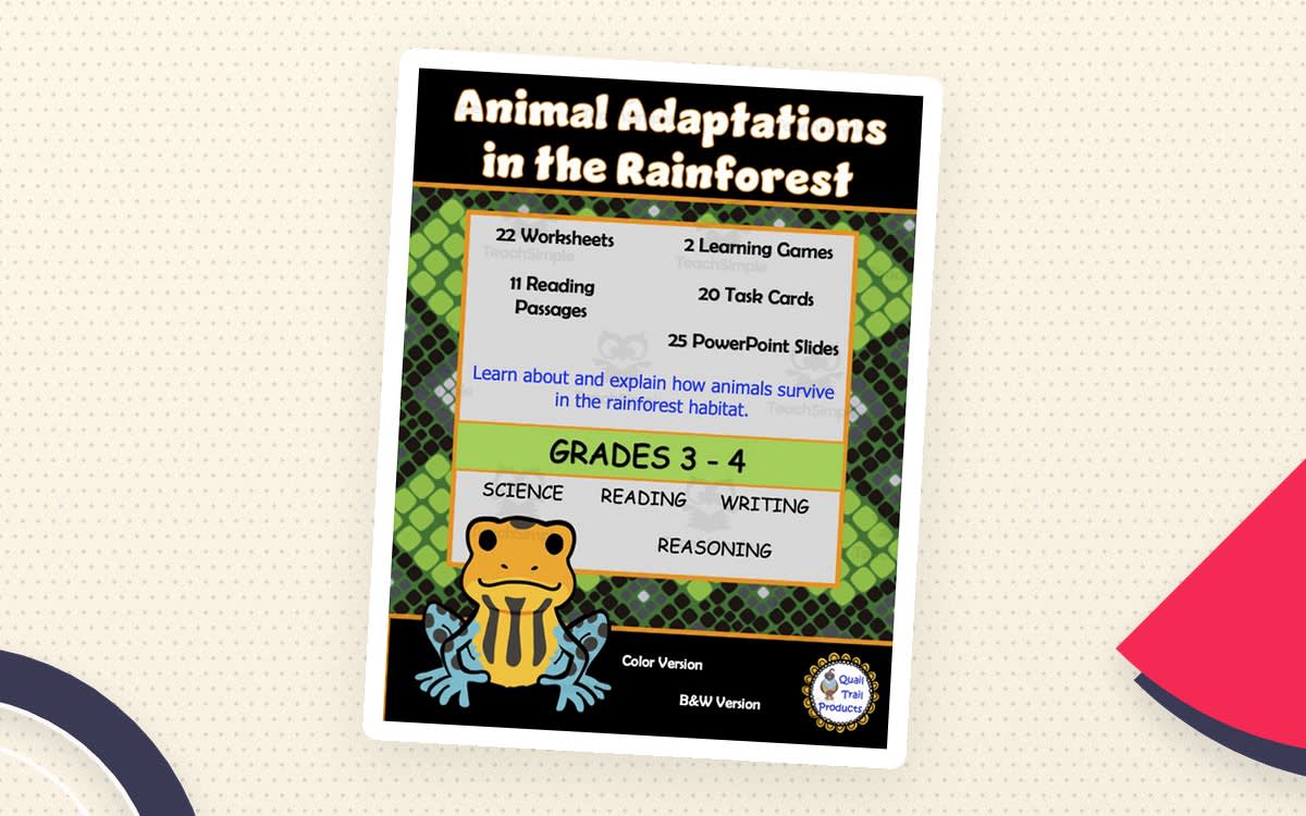 An educational teaching resource from Quail Trail Products entitled Animal Adaptations in the Rainforest Habitat downloadable at Teach Simple.