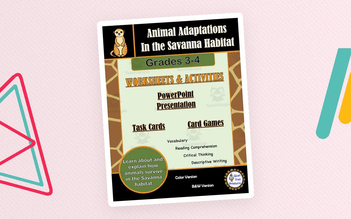 An educational teaching resource from Quail Trail Products entitled Animal Adaptations on the Savanna Activities and Worksheets downloadable at Teach Simple.