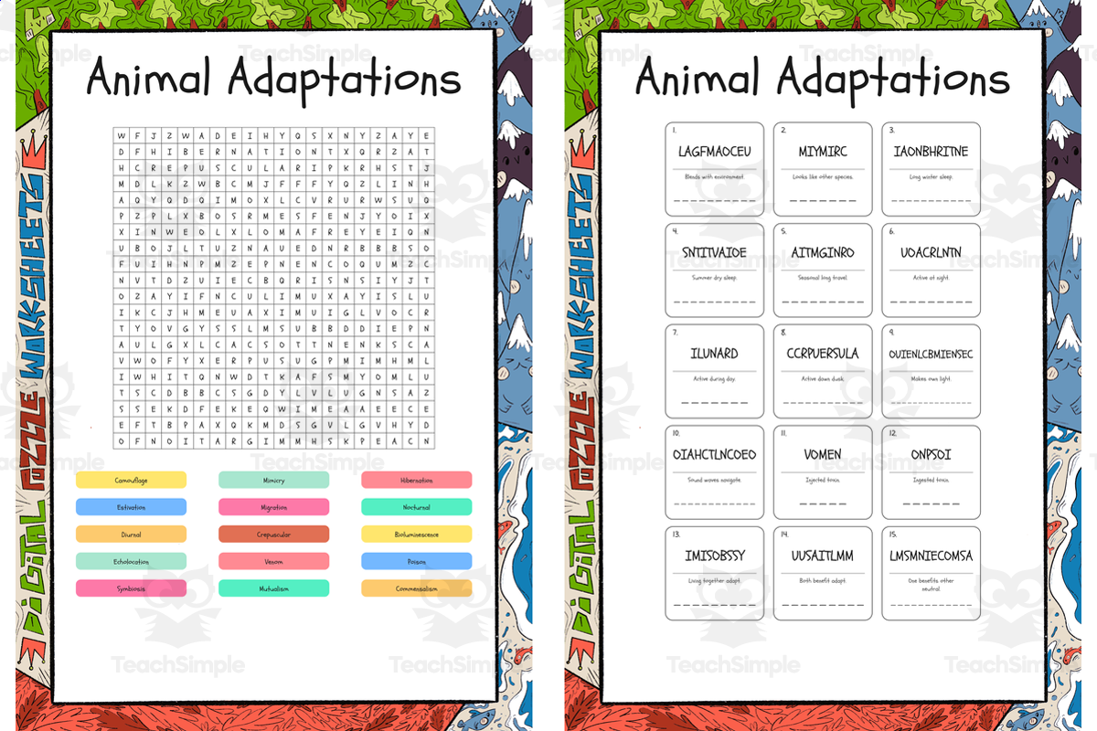 An educational teaching resource from Lapiiin Art Activities entitled Animal Adaptations word search, scramble and crossword downloadable at Teach Simple.