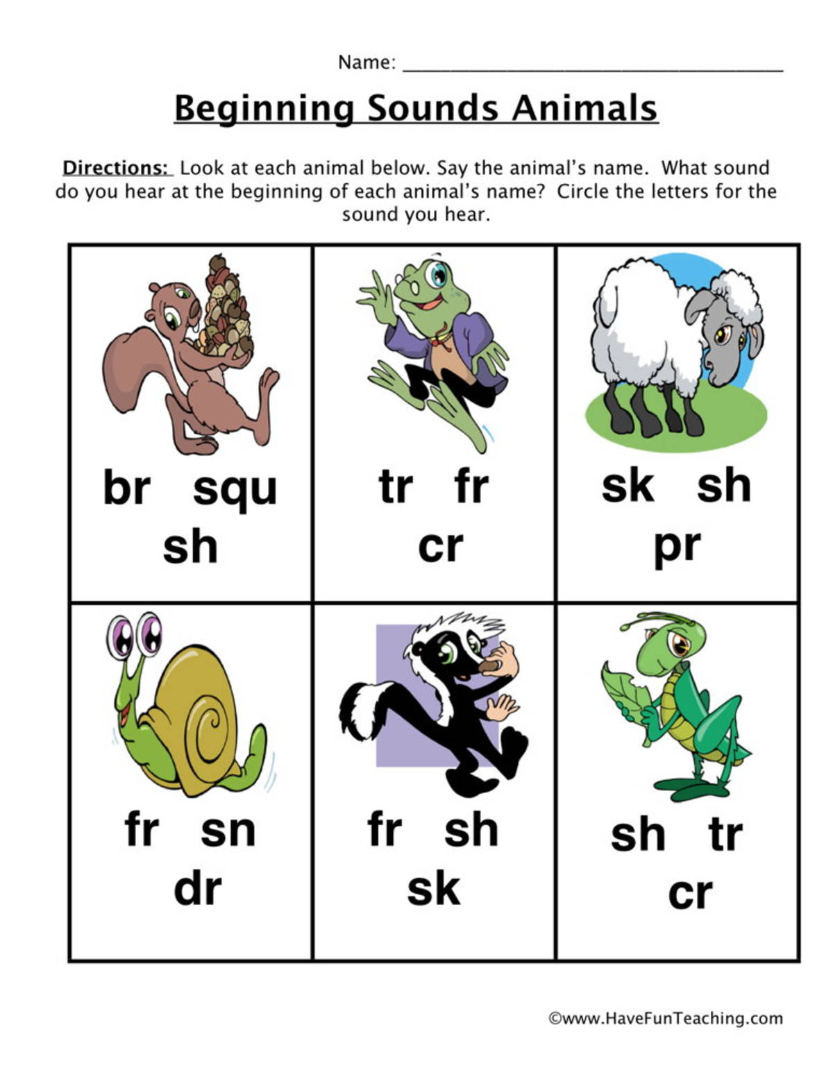 An educational teaching resource from Have Fun Teaching entitled Animal Beginning Digraphs Sounds Worksheet downloadable at Teach Simple.