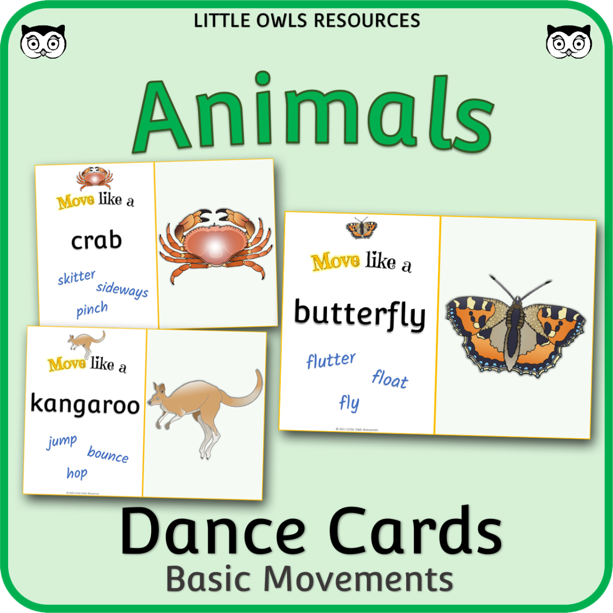 An educational teaching resource from Little Owls Resources entitled Animal Dance Cards - Basic Movements downloadable at Teach Simple.