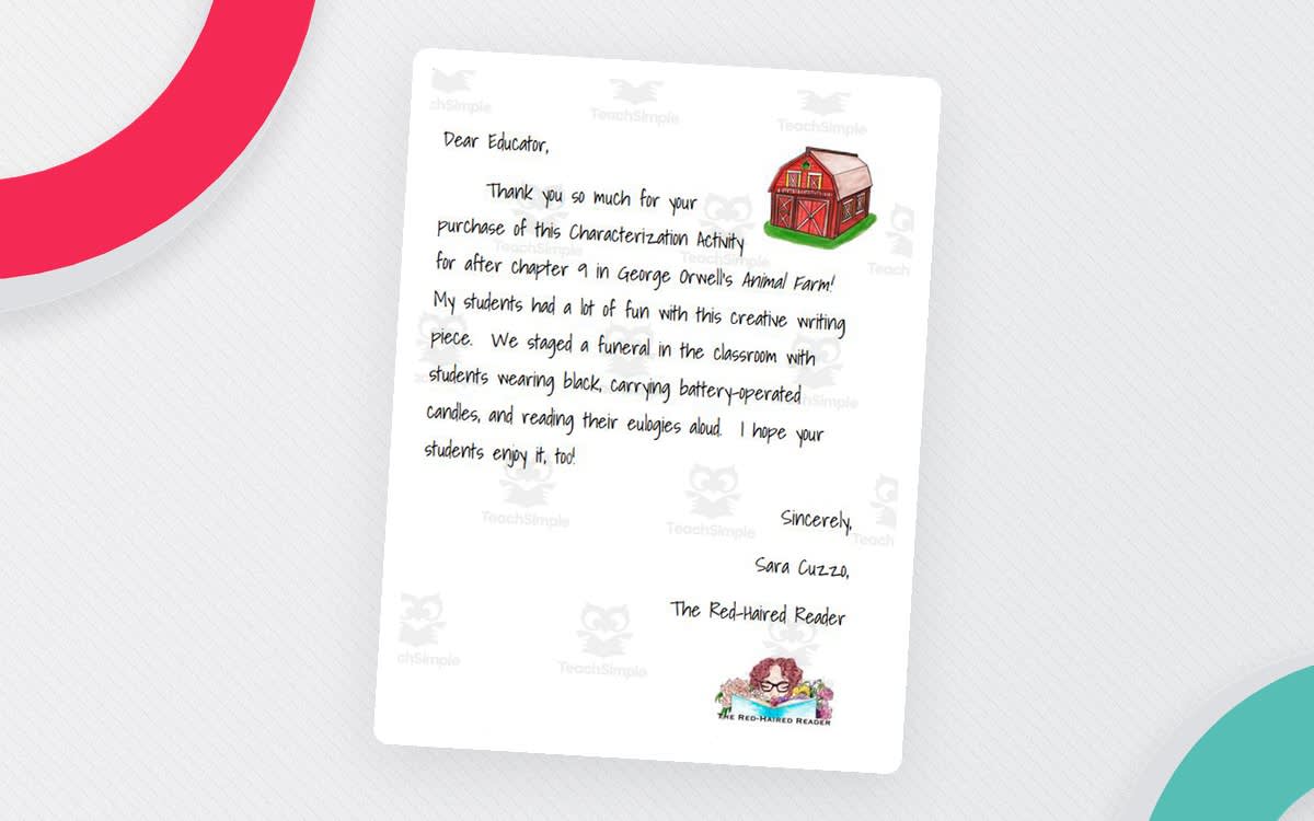 An educational teaching resource from The Red-Haired Reader entitled Animal Farm Ch 9: Eulogy for Boxer's funeral Creative Writing + rubric Google downloadable at Teach Simple.