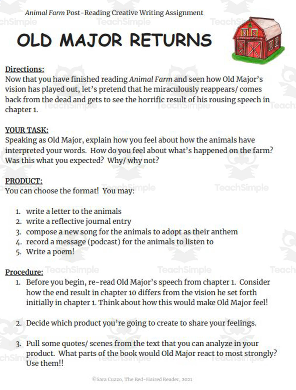 An educational teaching resource from The Red-Haired Reader entitled Animal Farm Post-Reading Creative Writing Assignment: What Would Old Major say? downloadable at Teach Simple.